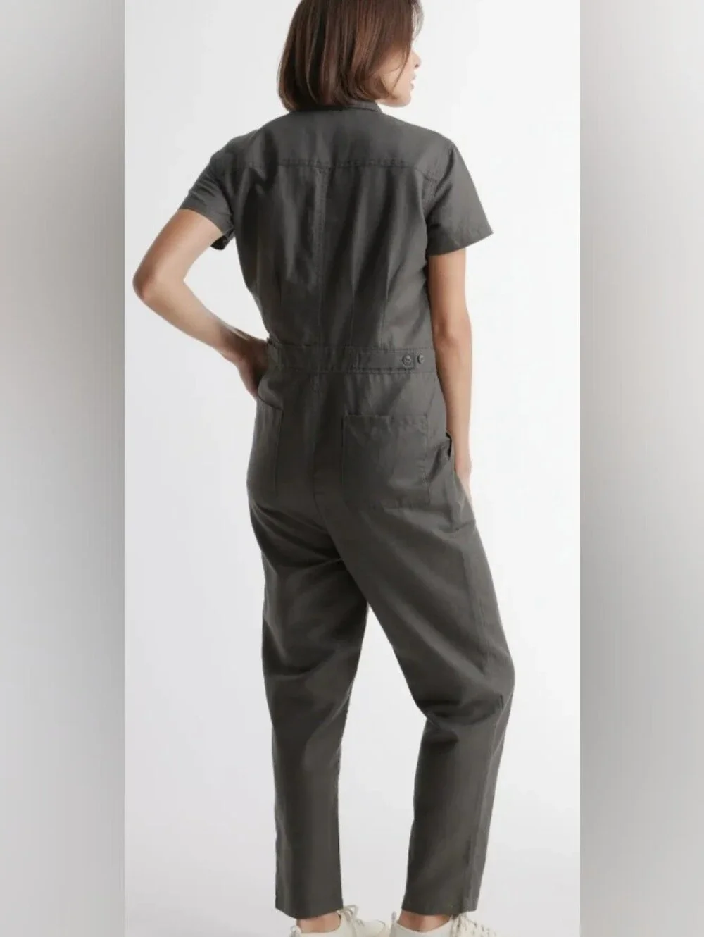Quince Cotton Linen Twill Short Sleeve Coverall Jumpsuit in Charcoal Size S